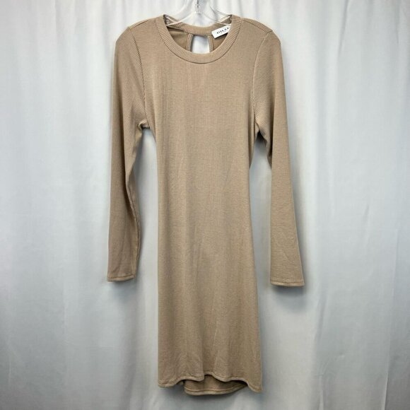 Gilli Womens Bodycon Dress Latte Cut Out Back W/ Twist Ribbed Long Sleeve L - Picture 1 of 11